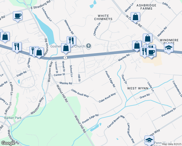 map of restaurants, bars, coffee shops, grocery stores, and more near 453 Summit House in West Chester