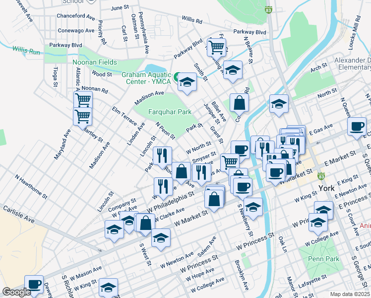 map of restaurants, bars, coffee shops, grocery stores, and more near 309 North Penn Street in York