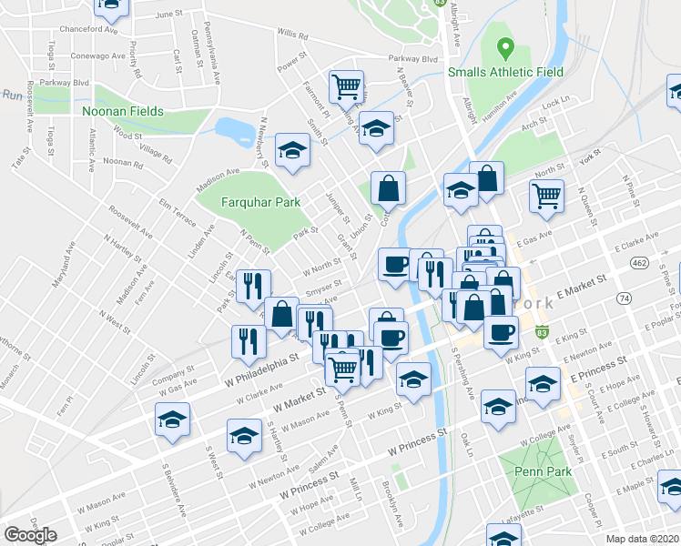 map of restaurants, bars, coffee shops, grocery stores, and more near 315 Smyser Street in York