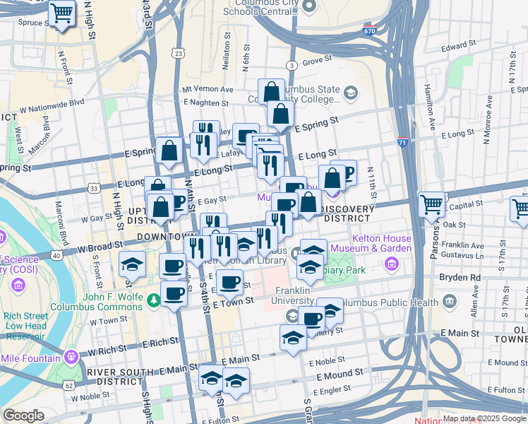 map of restaurants, bars, coffee shops, grocery stores, and more near 303 East Broad Street in Columbus