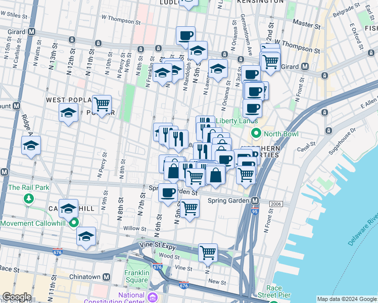 map of restaurants, bars, coffee shops, grocery stores, and more near 445 Olive Street in Philadelphia