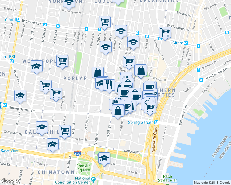 map of restaurants, bars, coffee shops, grocery stores, and more near 445 Olive Street in Philadelphia