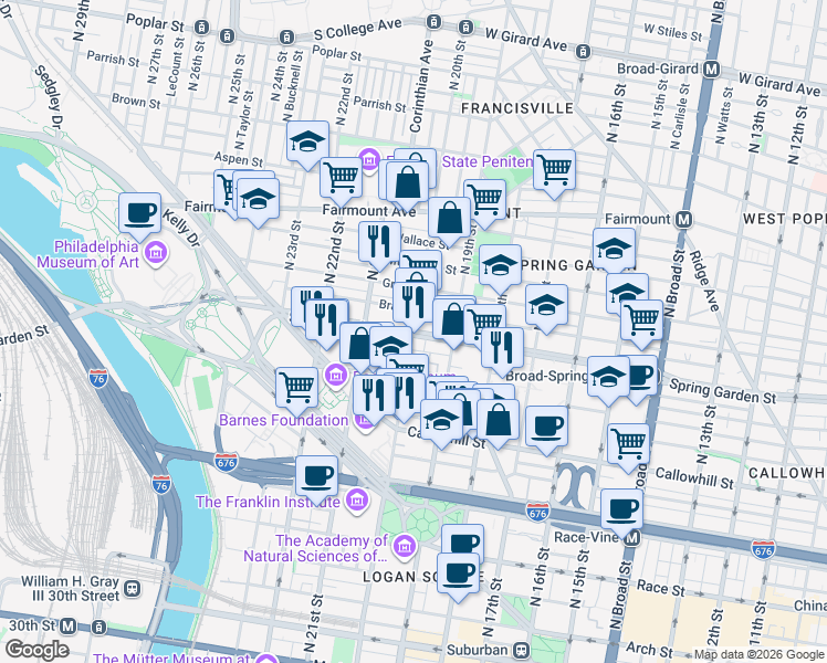 map of restaurants, bars, coffee shops, grocery stores, and more near Spring Garden Street & North 20th Street in Philadelphia