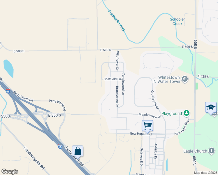 map of restaurants, bars, coffee shops, grocery stores, and more near 5344 Brandywine Drive in Whitestown