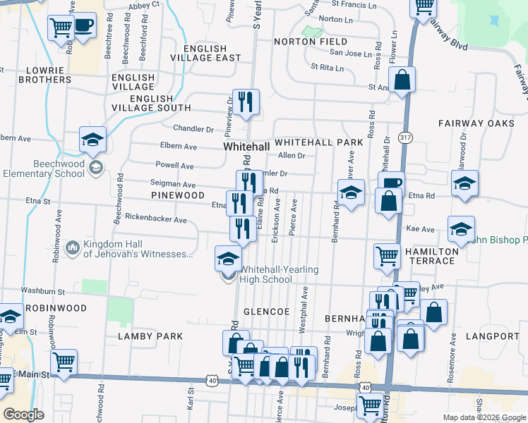 map of restaurants, bars, coffee shops, grocery stores, and more near 561 Erickson Avenue in Columbus
