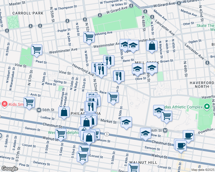 map of restaurants, bars, coffee shops, grocery stores, and more near 234 North Ramsey Street in Philadelphia