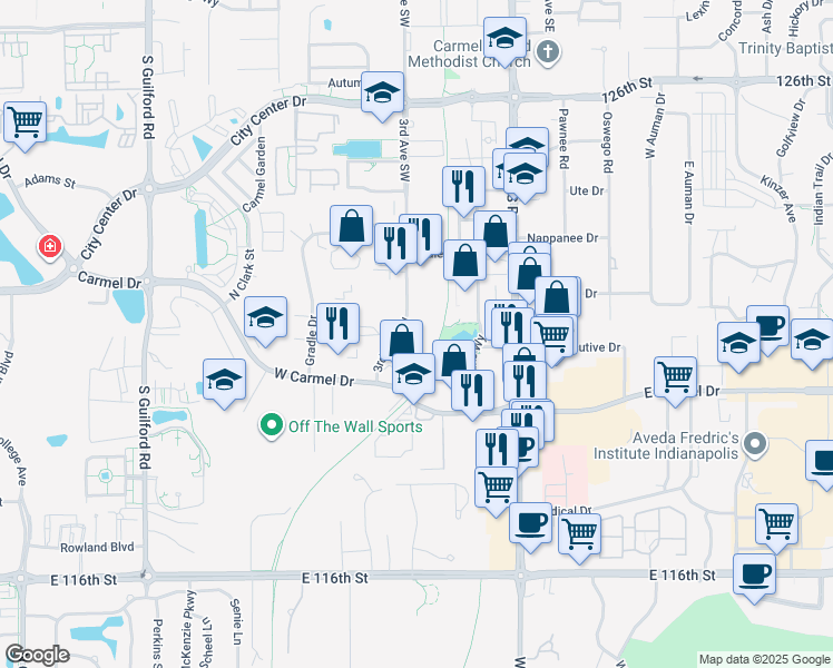 map of restaurants, bars, coffee shops, grocery stores, and more near 160 West Carmel Drive in Carmel