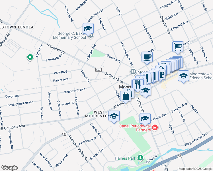 map of restaurants, bars, coffee shops, grocery stores, and more near 276 West 3rd Street in Moorestown