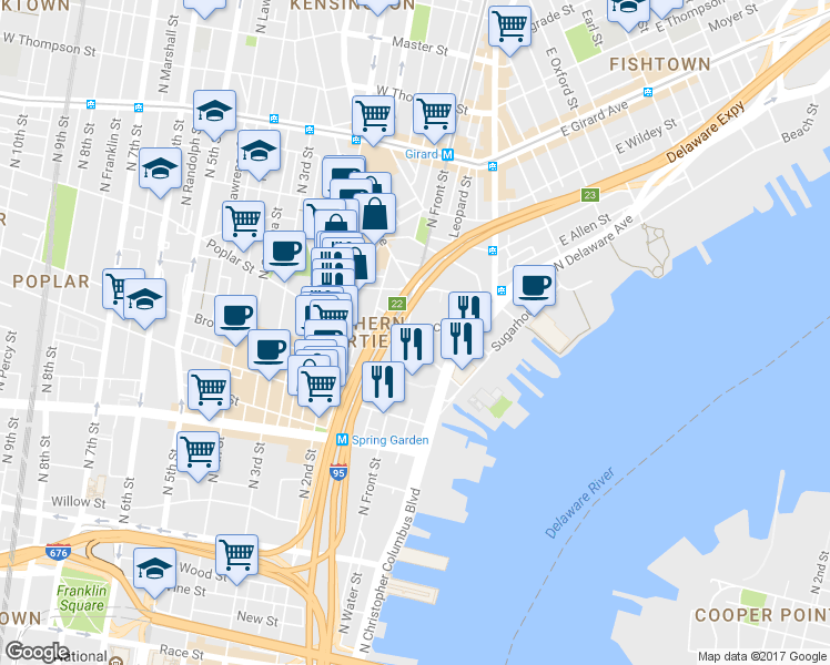 map of restaurants, bars, coffee shops, grocery stores, and more near 5 Poplar Street in Philadelphia