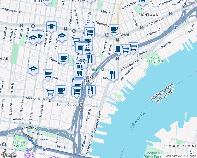 map of restaurants, bars, coffee shops, grocery stores, and more near 5 Poplar Street in Philadelphia