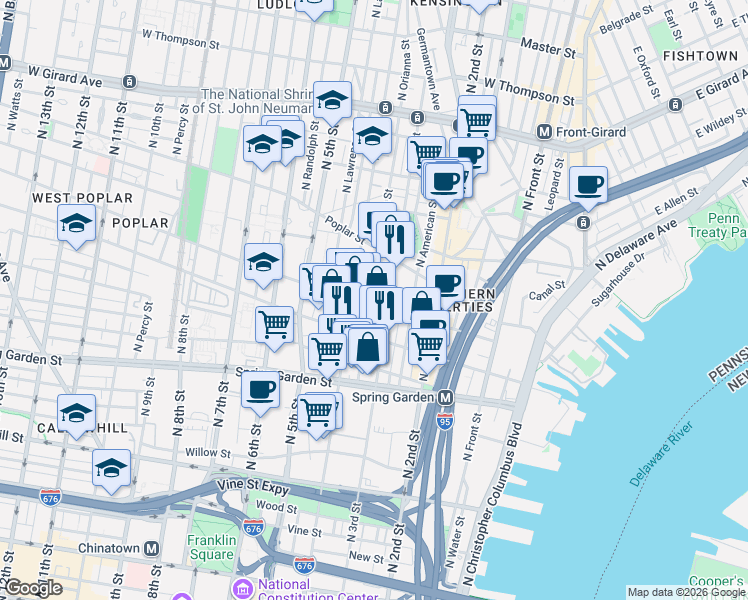 map of restaurants, bars, coffee shops, grocery stores, and more near 335 Fairmount Avenue in Philadelphia