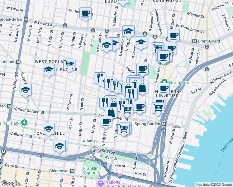 map of restaurants, bars, coffee shops, grocery stores, and more near 638 North 5th Street in Philadelphia
