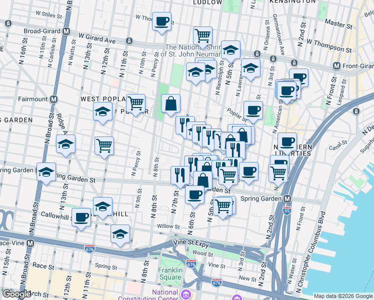 map of restaurants, bars, coffee shops, grocery stores, and more near 618 North 6th Street in Philadelphia