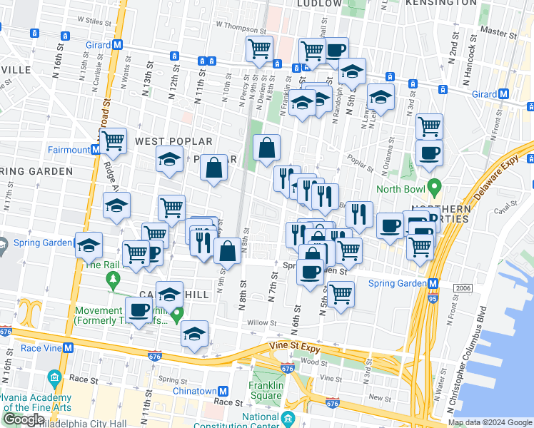 map of restaurants, bars, coffee shops, grocery stores, and more near 700 Wallace Street in Philadelphia