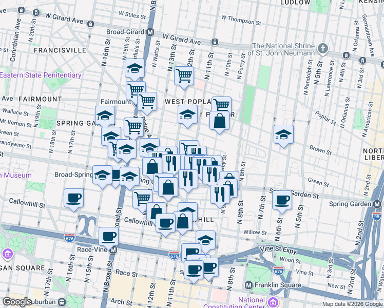 map of restaurants, bars, coffee shops, grocery stores, and more near 602 North 11th Street in Philadelphia
