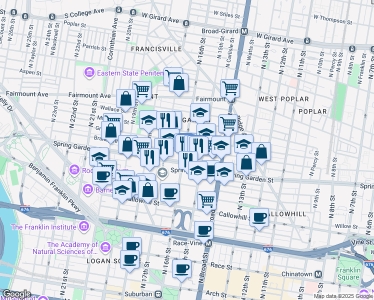 map of restaurants, bars, coffee shops, grocery stores, and more near 1601 Spring Garden Street in Philadelphia
