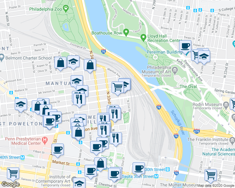 map of restaurants, bars, coffee shops, grocery stores, and more near 438 North 32nd Street in Philadelphia