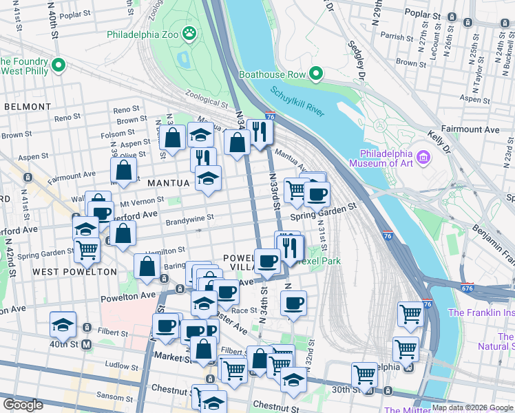 map of restaurants, bars, coffee shops, grocery stores, and more near 3409 Spring Garden Street in Philadelphia