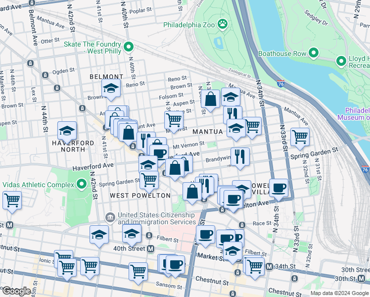 map of restaurants, bars, coffee shops, grocery stores, and more near 3860 Haverford Avenue in Philadelphia