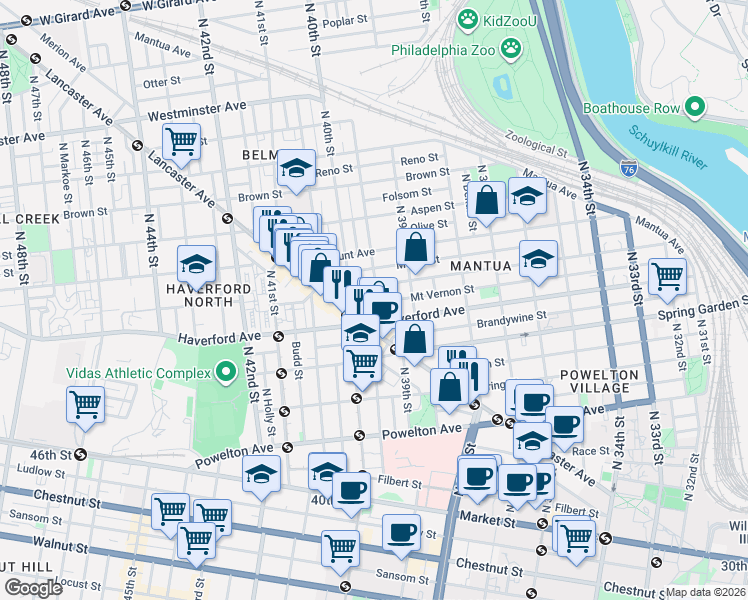 map of restaurants, bars, coffee shops, grocery stores, and more near 3940 Haverford Avenue in Philadelphia