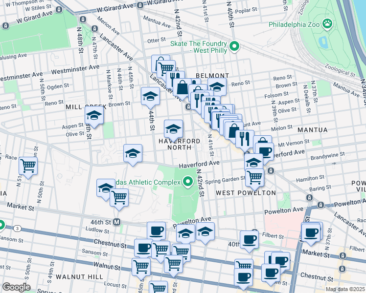 map of restaurants, bars, coffee shops, grocery stores, and more near 609-11 North 43rd Street in Philadelphia