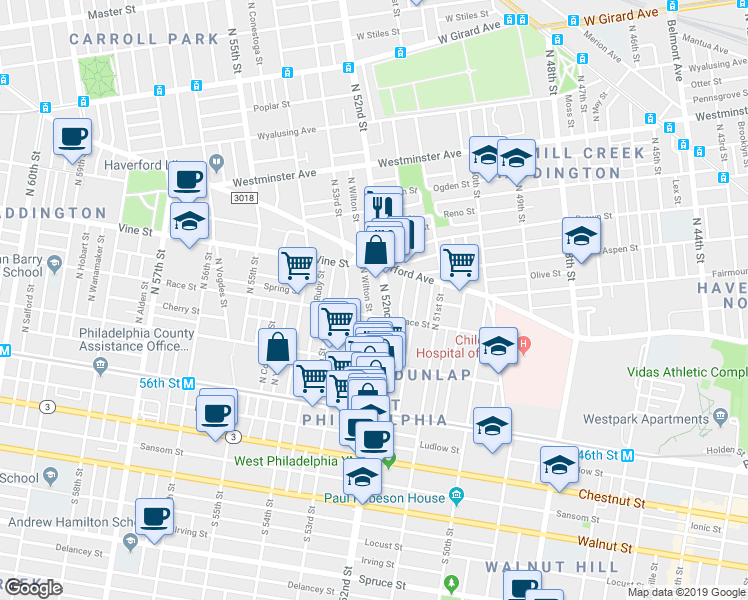 map of restaurants, bars, coffee shops, grocery stores, and more near 5216 Race Street in Philadelphia