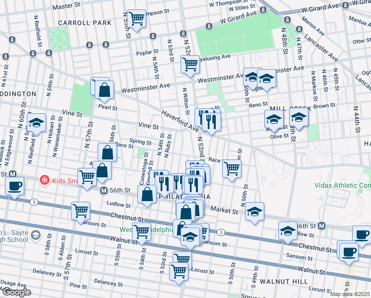 map of restaurants, bars, coffee shops, grocery stores, and more near 150 North 53rd Street in Philadelphia