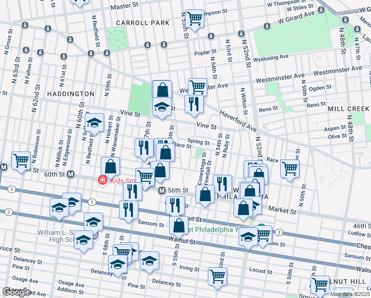map of restaurants, bars, coffee shops, grocery stores, and more near 125 North Vodges Street in Philadelphia