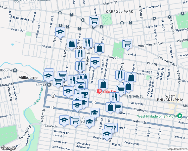 map of restaurants, bars, coffee shops, grocery stores, and more near 113 North Redfield Street in Philadelphia