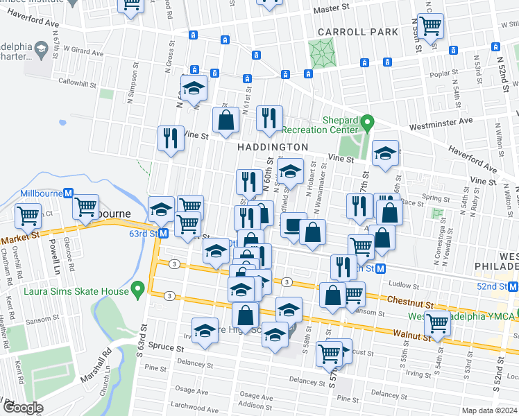 map of restaurants, bars, coffee shops, grocery stores, and more near in Philadelphia