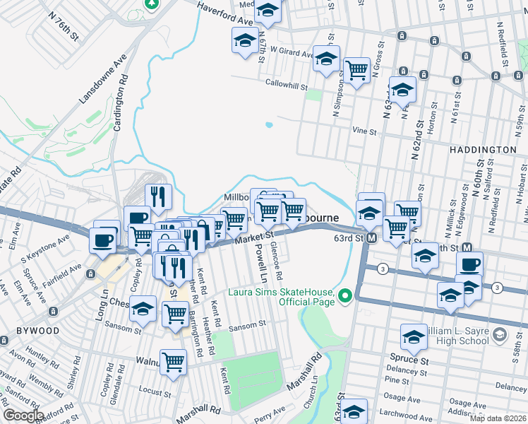 map of restaurants, bars, coffee shops, grocery stores, and more near 6503 Market Street in Millbourne