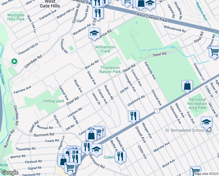 map of restaurants, bars, coffee shops, grocery stores, and more near 229 Rodmor Road in Havertown