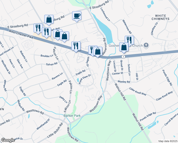 map of restaurants, bars, coffee shops, grocery stores, and more near 809 Valley Drive in West Chester