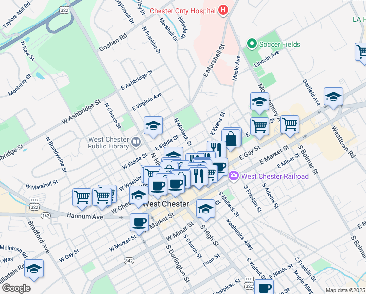 map of restaurants, bars, coffee shops, grocery stores, and more near 215 North Walnut Street in West Chester