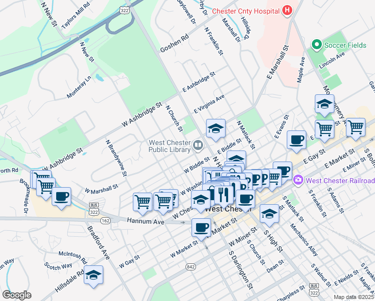 map of restaurants, bars, coffee shops, grocery stores, and more near 406 North Church Street in West Chester