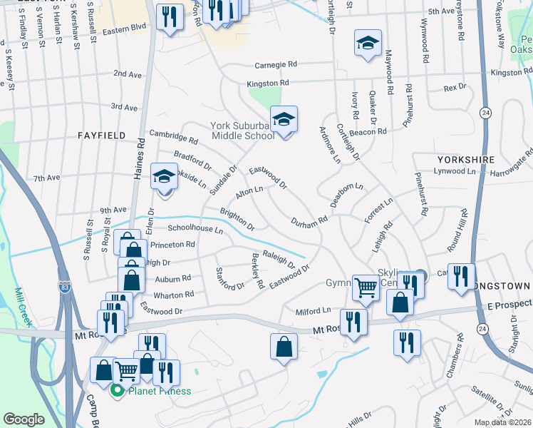map of restaurants, bars, coffee shops, grocery stores, and more near 2600 Cambridge Road in East York