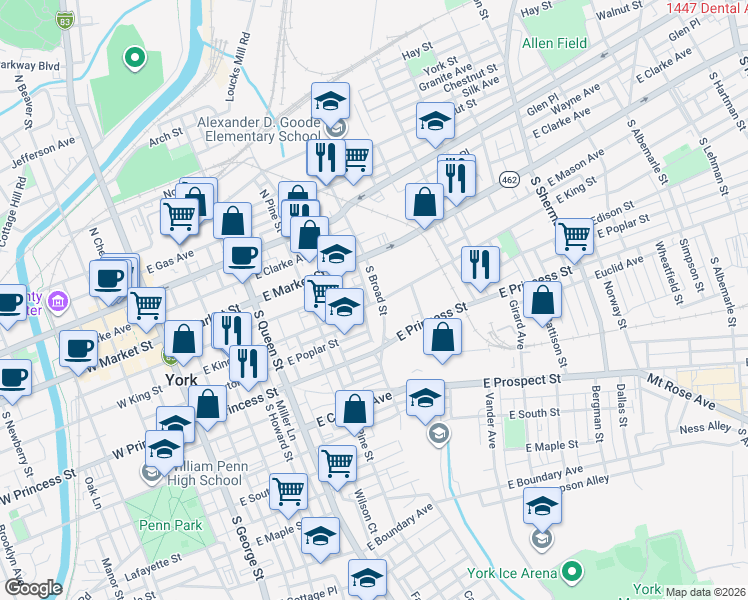 map of restaurants, bars, coffee shops, grocery stores, and more near 117 Edgar Street in York
