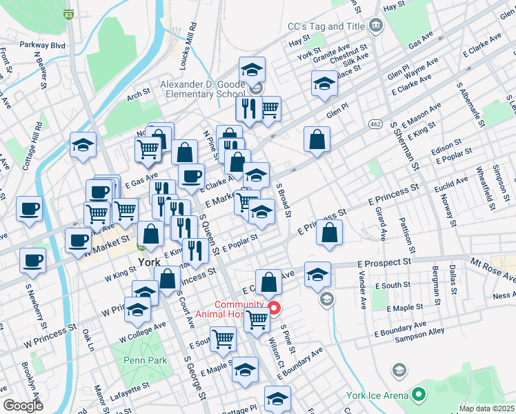 map of restaurants, bars, coffee shops, grocery stores, and more near 338 Reinecke Place in York