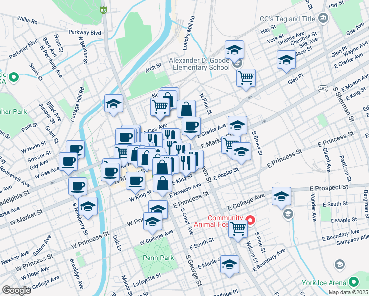 map of restaurants, bars, coffee shops, grocery stores, and more near 120 East Market Street in York