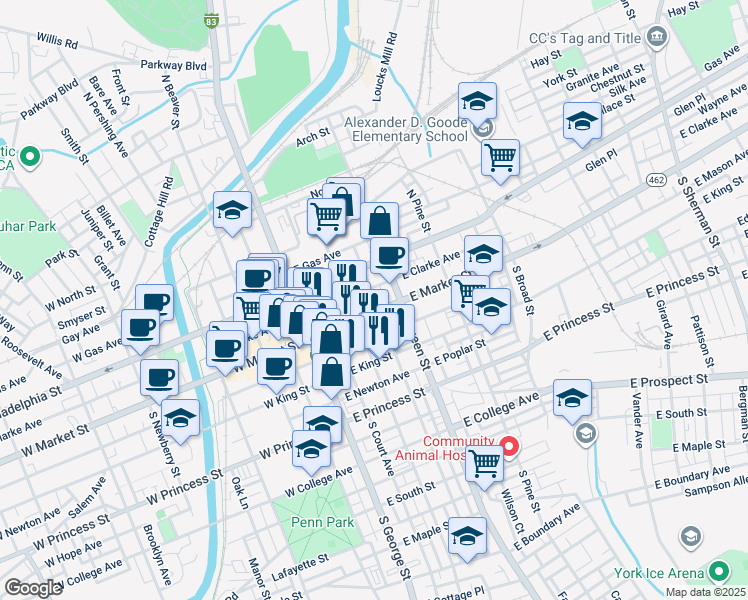 map of restaurants, bars, coffee shops, grocery stores, and more near 120 East Market Street in York