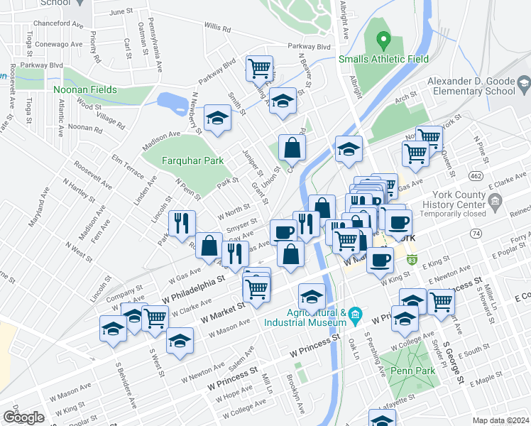 map of restaurants, bars, coffee shops, grocery stores, and more near 147 North Newberry Street in York