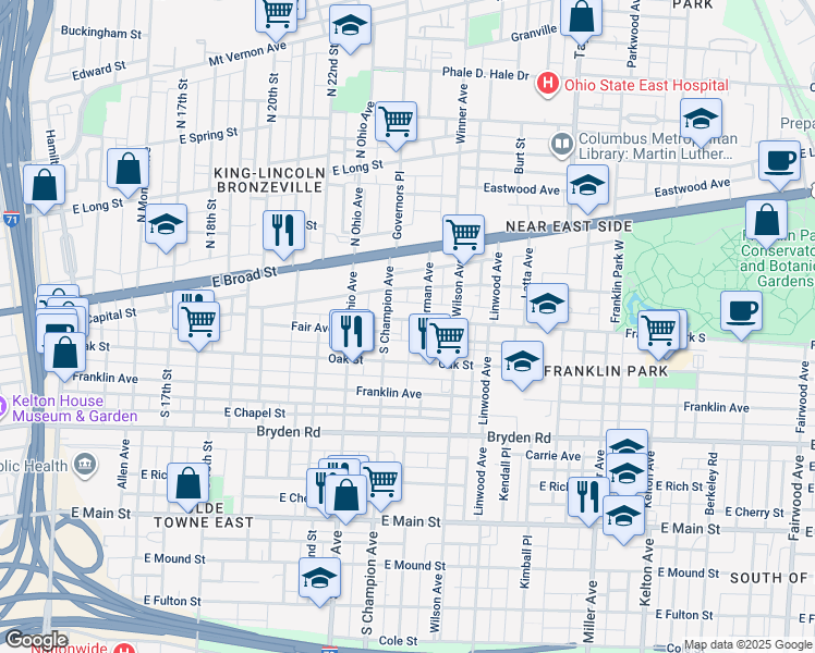 map of restaurants, bars, coffee shops, grocery stores, and more near 1200 Oak Street in Columbus