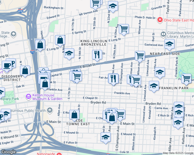 map of restaurants, bars, coffee shops, grocery stores, and more near 1034 Oak Street in Columbus