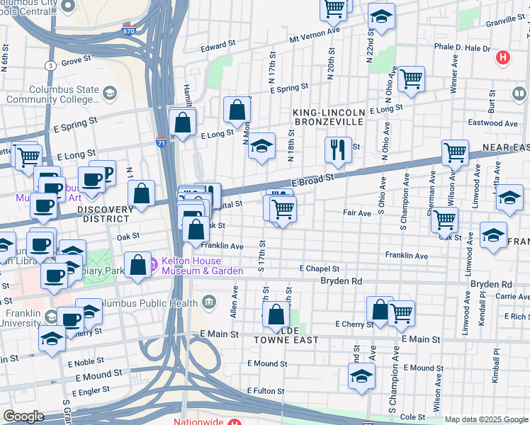 map of restaurants, bars, coffee shops, grocery stores, and more near 875 Oak Street in Columbus