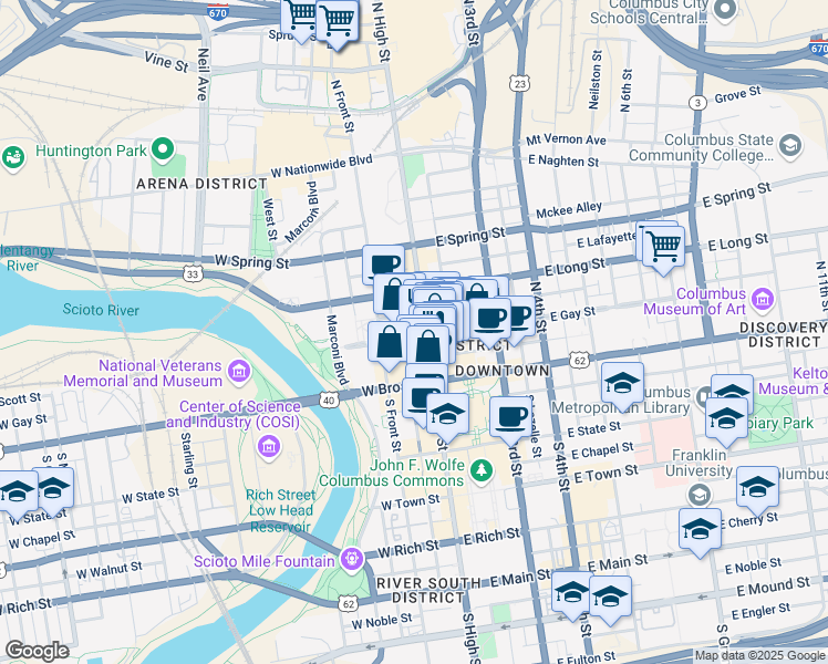 map of restaurants, bars, coffee shops, grocery stores, and more near 52 East Gay Street in Columbus
