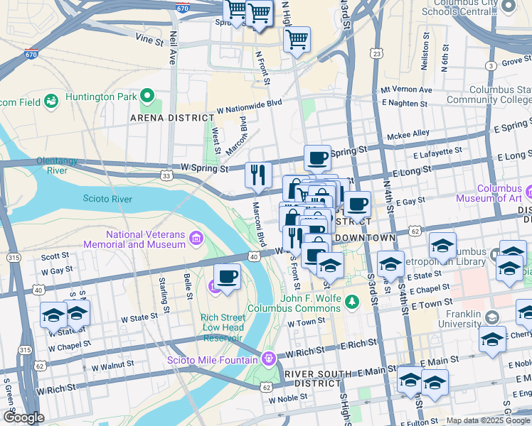 map of restaurants, bars, coffee shops, grocery stores, and more near 40 North Front Street in Columbus