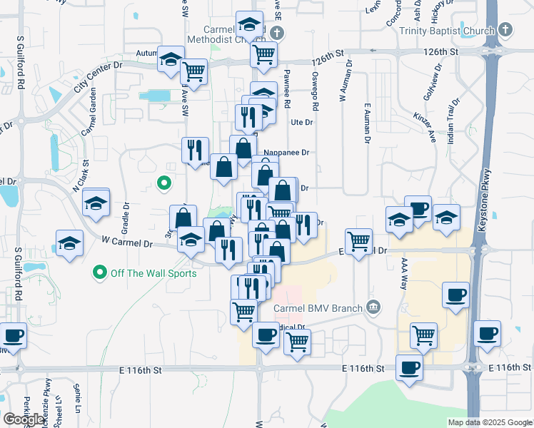 map of restaurants, bars, coffee shops, grocery stores, and more near 1200 South Rangeline Road in Carmel