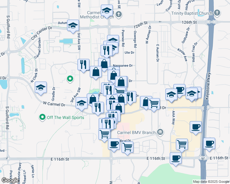 map of restaurants, bars, coffee shops, grocery stores, and more near 1217 South Rangeline Road in Carmel
