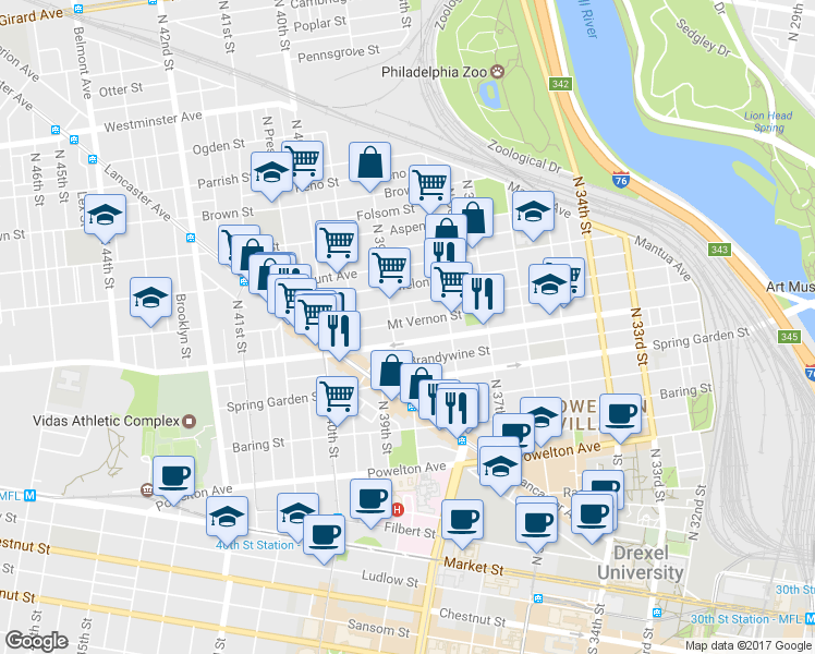 map of restaurants, bars, coffee shops, grocery stores, and more near 3862 Mount Vernon Street in Philadelphia