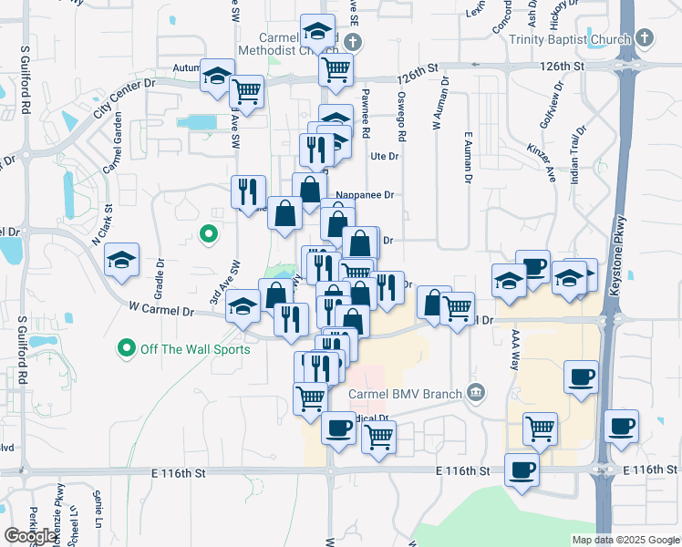 map of restaurants, bars, coffee shops, grocery stores, and more near 1217 South Rangeline Road in Carmel
